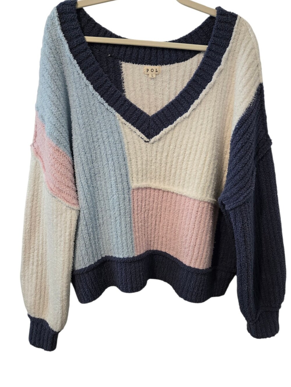 POL Colorblock V-Neck Patchwork Colorblock Sweater - Picture 3 of 5